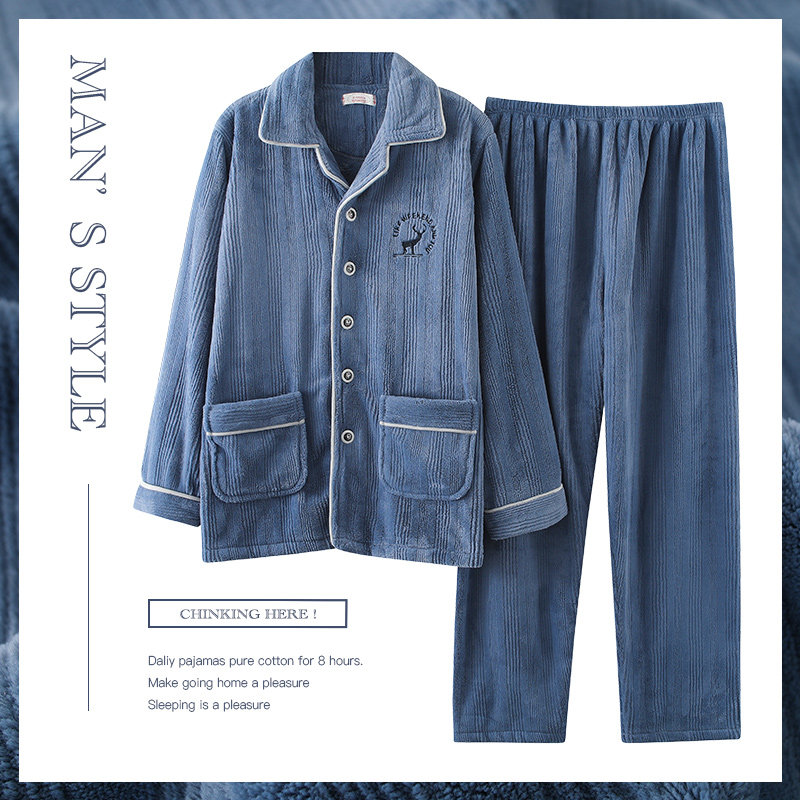 Coral velvet pajamas men's winter lapel long-sleeved new large size thickened flannel cardigan home service autumn and winter