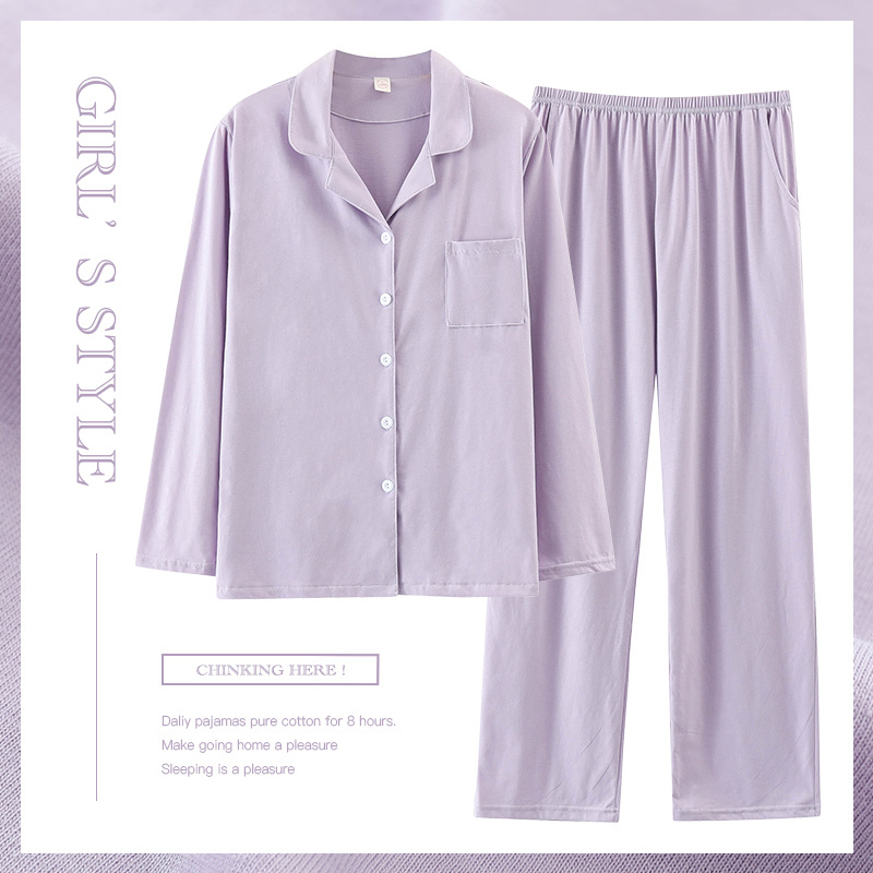 Pure Cotton Pajamas for Women, Spring and Autumn, Purple, Lapel, Long Sleeves, Long Pants, Loose, Plus Size, 2025 New Style Loungewear Set