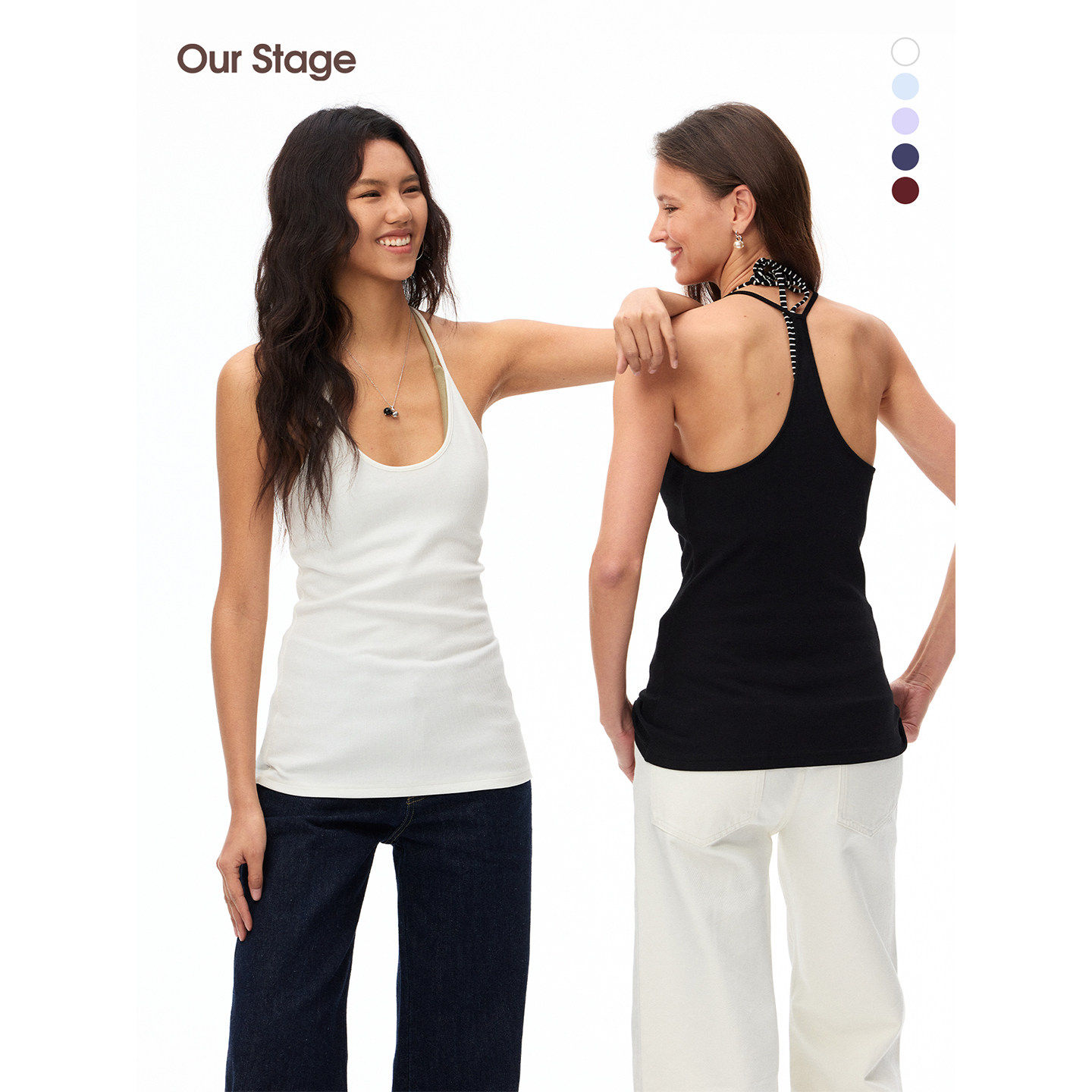 Our Stage high-elastic and anti-wrinkle round-neck, U-neck, figure-hugging and hip-hugging solid color U-neck halter top for women in summer