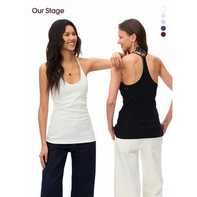 Our Stage high-elastic and anti-wrinkle round-neck, U-neck, figure-hugging and hip-hugging solid color U-neck halter top for women in summer