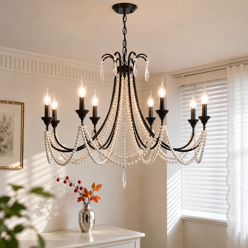 Black French Retro Chandelier, High-End Imitation Pearl Crystal Living Room Lamp, American Mid-Century Style Study Bedroom Lamps Black French Retro Chandelier, High-End Imitation Pearl Crystal Living Room Lamp, American Mid-Century Style Study Bedroom Lamps