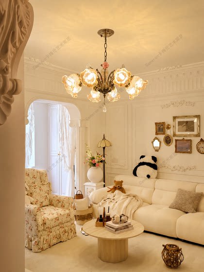American-Style Living Room Chandelier 2026 New Vintage French Pastoral Floral Glass Lamp Eye-Protecting Super Bright Girl's Room Lamp