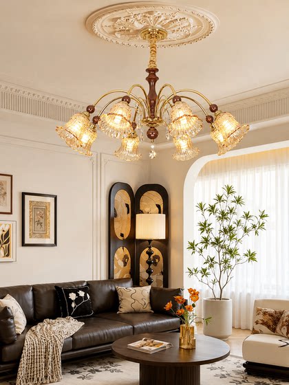French-Style Vintage Living Room Chandelier 2026 New Model Retro Mid-Century Style Solid Wood Bedroom Chandelier Dining Room Amber Glass Lamp