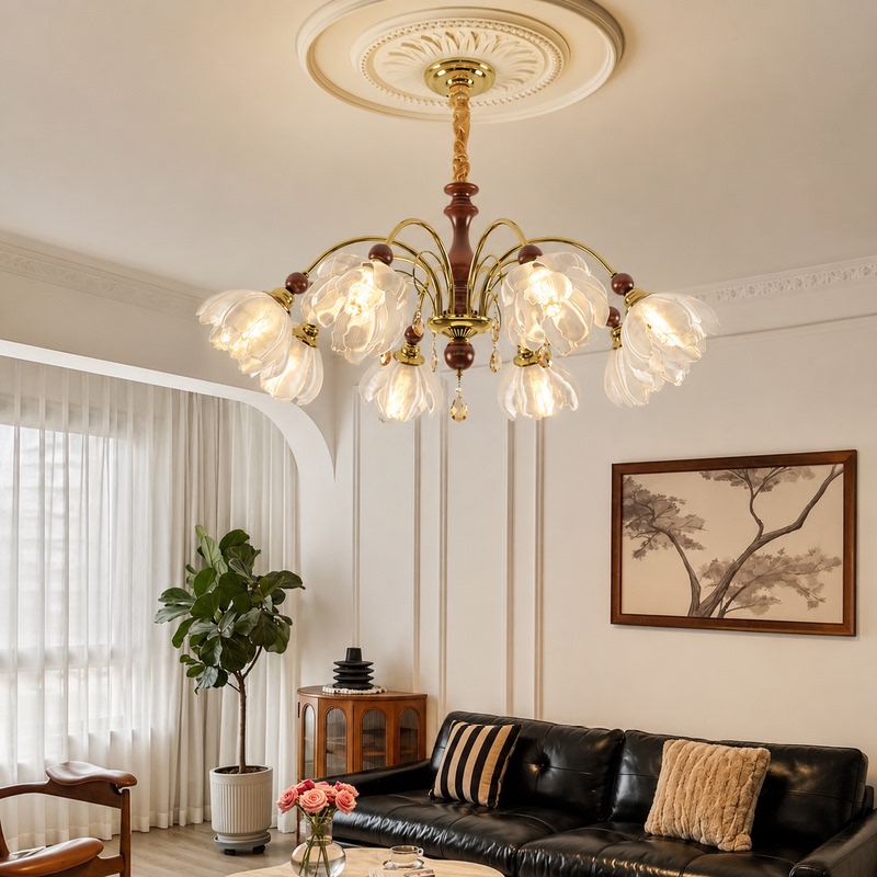 Flower Chandelier French Mid-Century Style Hall Main Light 2026 New Walnut Color Petal Creative Design Living Room Light Flower Chandelier French Mid-Century Style Hall Main Light 2026 New Walnut Color Petal Creative Design Living Room Light