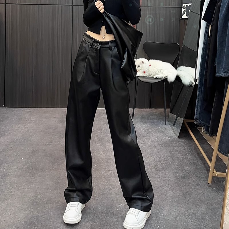 Women's Leather Pants, Straight-Leg, New Style, Slimming, High-End Feel, High-Waisted, Matte, Loose, Drapey, Black Pu Leather Wide-Leg Pants Women's Leather Pants, Straight-Leg, New Style, Slimming, High-End Feel, High-Waisted, Matte, Loose, Drapey, Black Pu Leather Wide-Leg Pants
