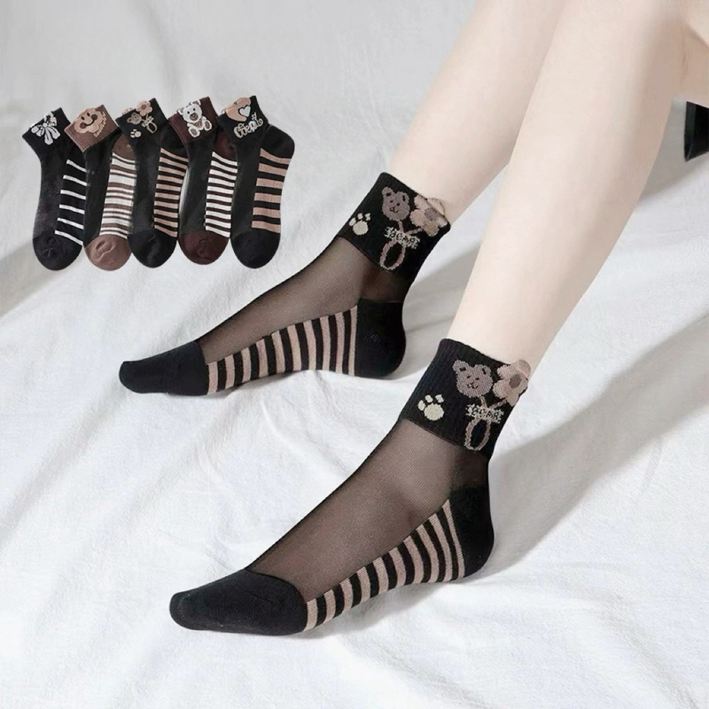 High-Waisted Socks for Women, Spring and Summer New Style, Mid-Calf Socks, Pure Cotton, Black, Coffee Color, Crystal Feather Yarn, Cartoon Bear Long Socks