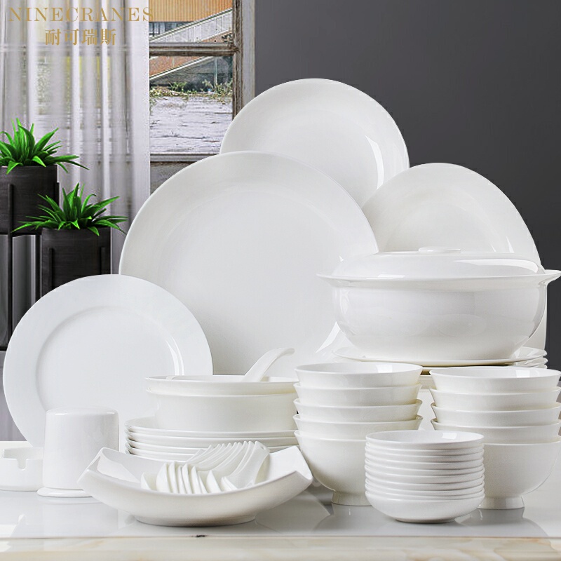 High-End Pure White Bone China Bowl and Plate Set, Household Tableware, Chinese-Style Simple Ceramic Bowl, Plate, and Chopsticks Set, Housewarming Gift
