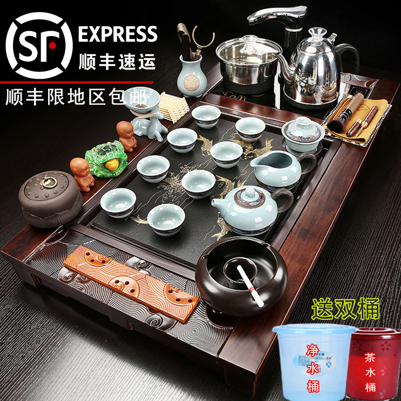 The whole set of tea set tea tray set home living room fully automatic water supply integrated solid wood kung fu tea table making tea cup simple