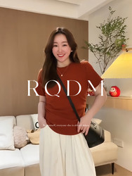 Large size women's 2024 new summer fat sister double waist and thin pure color round neck, shoulder short -sleeved T -shirt top