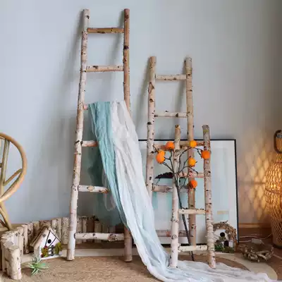 Birch decorative wooden ladder against the wall ornaments shooting props window display garden courtyard floor storage rack