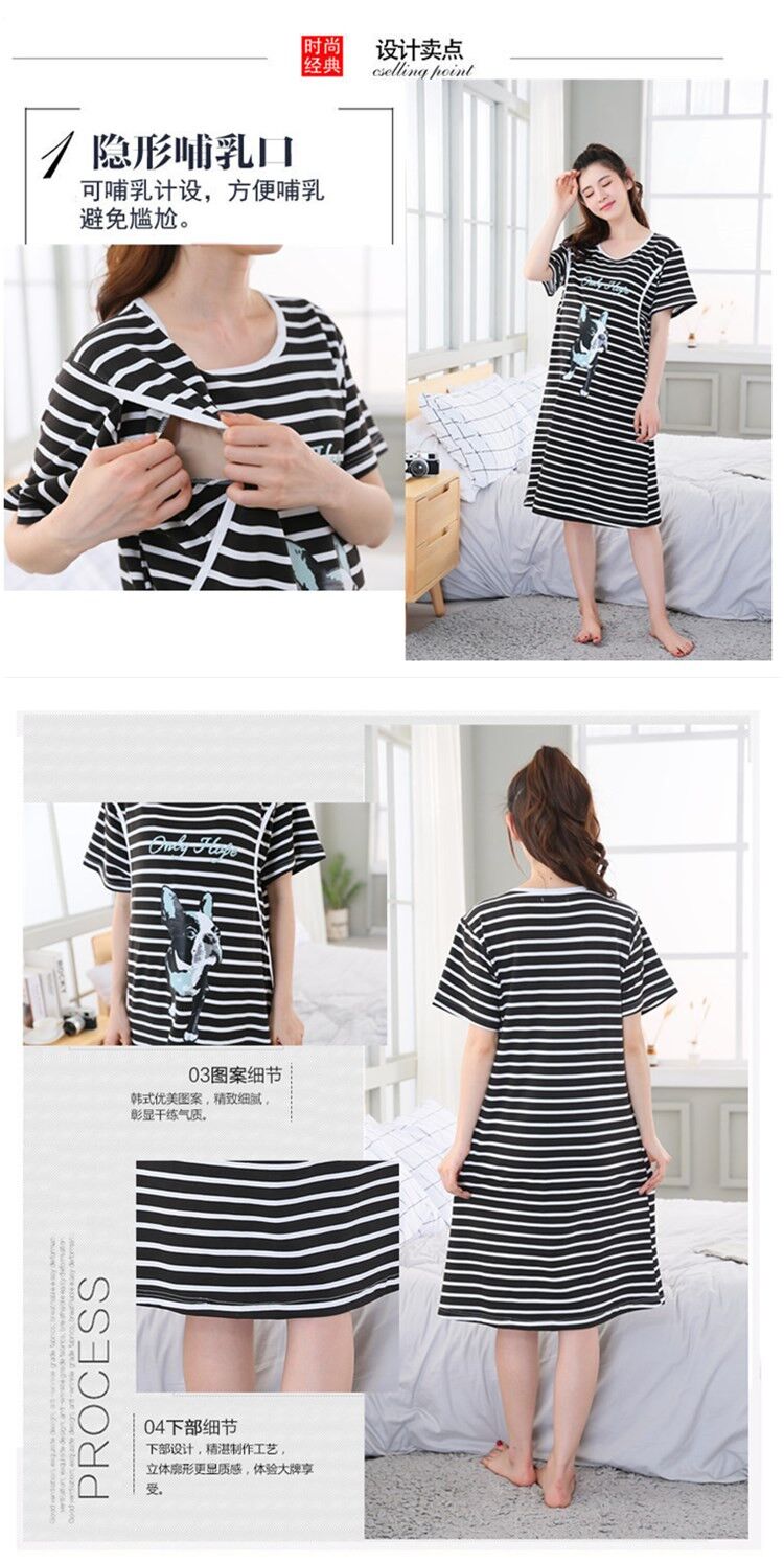 Mùa hè phụ nữ mang thai ngắn tay nightdress phần mỏng cho con bú tháng quần áo mùa hè lỏng kích thước lớn sau sinh ăn đồ ngủ váy cotton