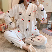 Pregnant womens pajamas in winter thickened and velvet coral velvet postpartum moon clothing autumn winter breastfeeding maternal feeding 10 months 11