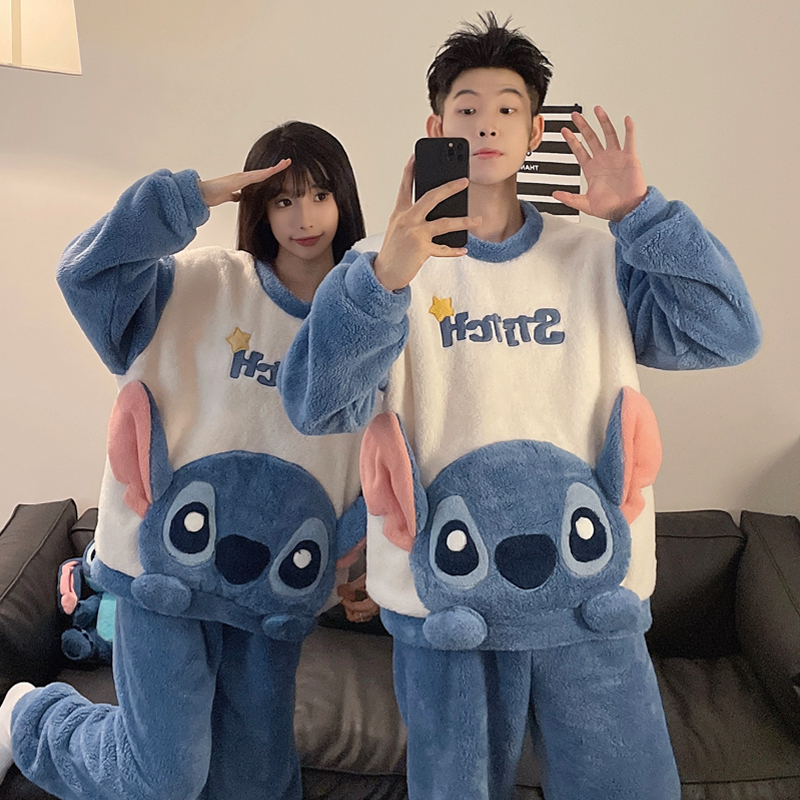 Couple's Pajamas Autumn and Winter Coral Fleece Thickened 2026 New Cute Stitch Men's and Women's Winter Loungewear