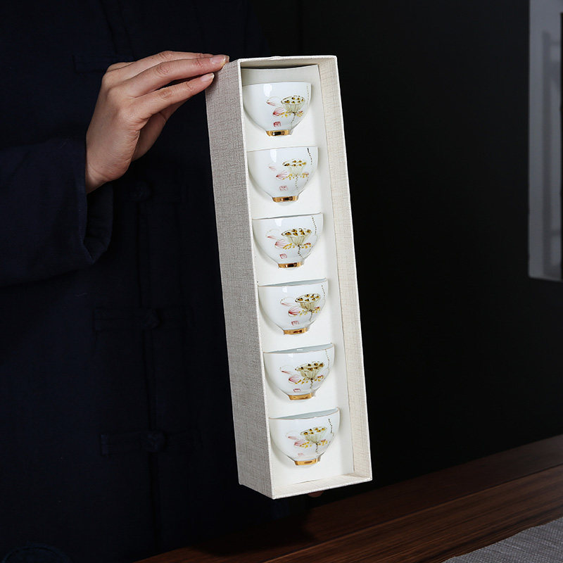 Hand-painted kung fu tea cups 6 small white porcelain tea cups tea set with gift box Jingdezhen ceramics