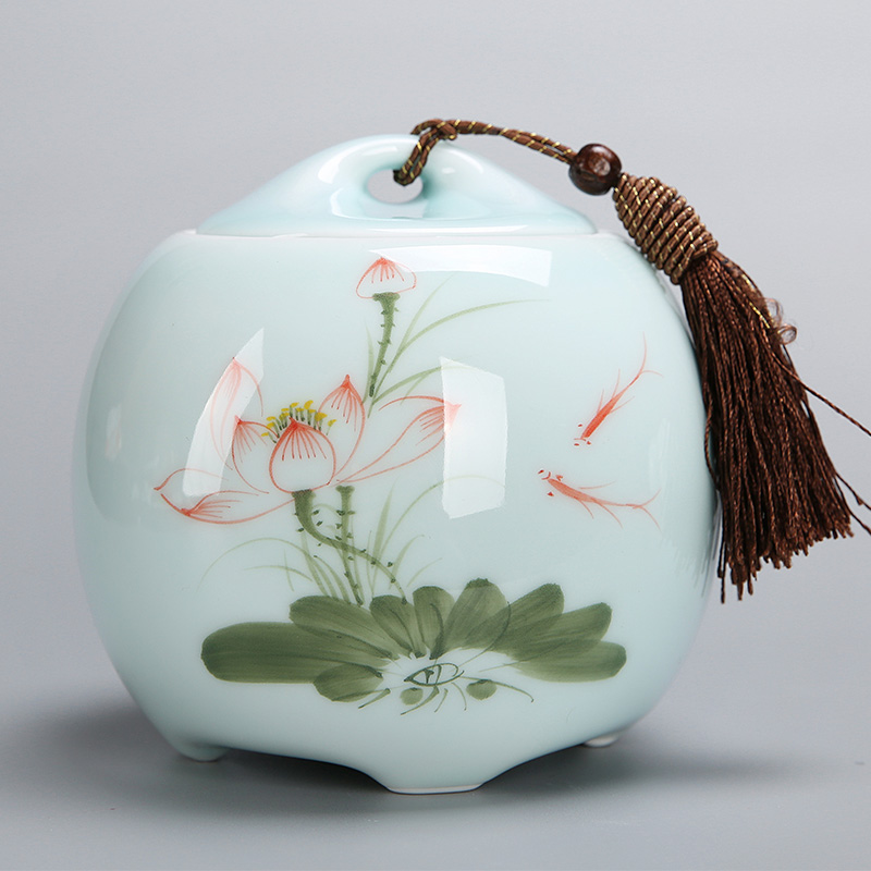 Hand painted pink green tea pot ceramic large, medium and small half-pound storage tank Sealed tank moisture-proof pot Tea gift box