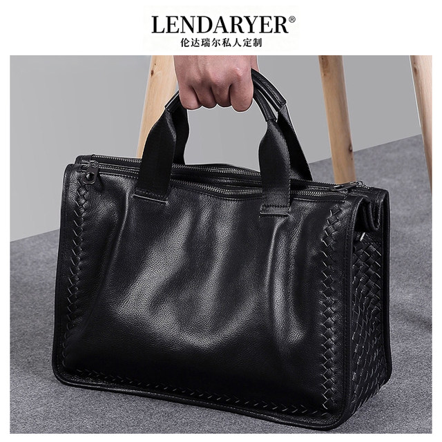 Lendaryer Woven Cowhide Men's Handbag Genuine Leather Business Casual Soft Leather Business Briefcase Computer Bag