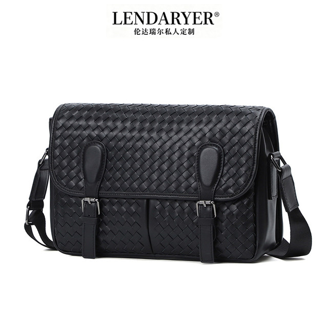 Lendaryer Single Shoulder Bag for Men, New Woven Top-Layer Cowhide Crossbody Bag with Flap, Portable Multifunctional Crossbody Bag
