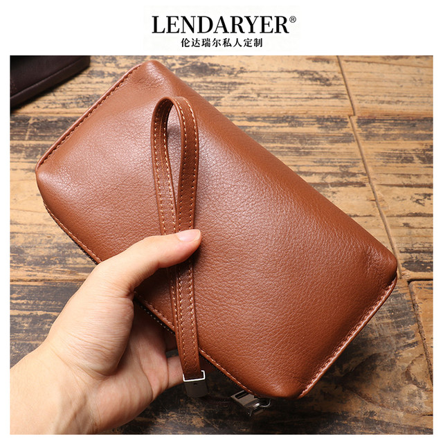 Lendaryer Clutch Bag for Men, Light Luxury Genuine Leather Zipper Long Casual Mobile Phone Bag, Business Travel and Commuting Wallet