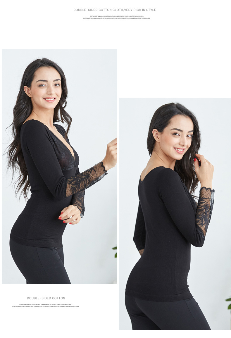 Mùa đông đáy quần áo lót nữ nhiệt cộng với nhung dày bó sát liền mạch v-cổ ren áo dài tay body body định hình ao giu nhiet lot nhung