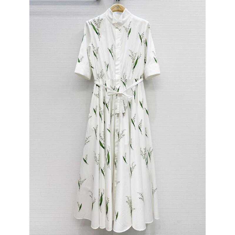 Mid-Length Skirt, Holiday Beach Skirt, Summer Printed Cotton Silk Dress, Waist-Cinching Tie, Work Casual, Light Luxury Skirt
