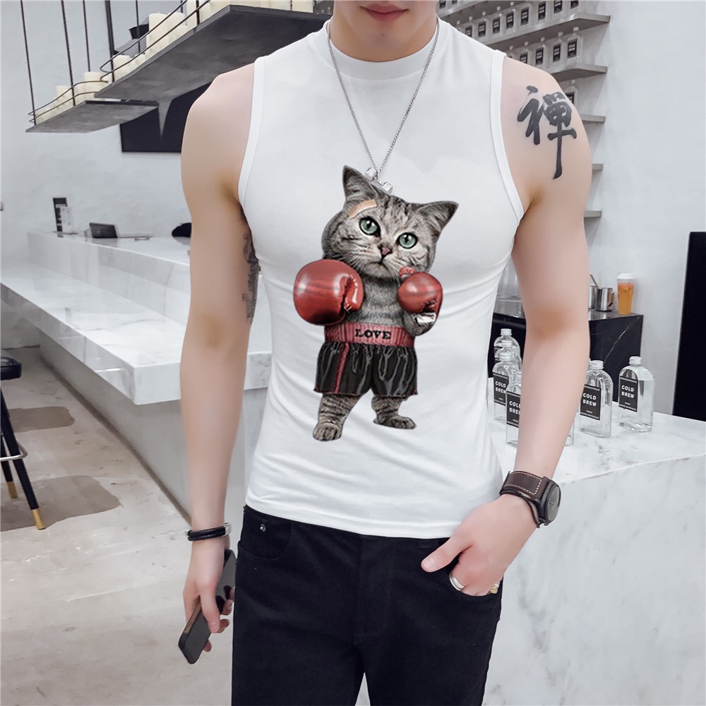 Anh chàng cao cổ áo không tay cao cổ áo thun nam Skinny skinny Slim xu hướng áo sơ mi rắn rỏi màu sắc hoang dã vest - Lót áo thể dục