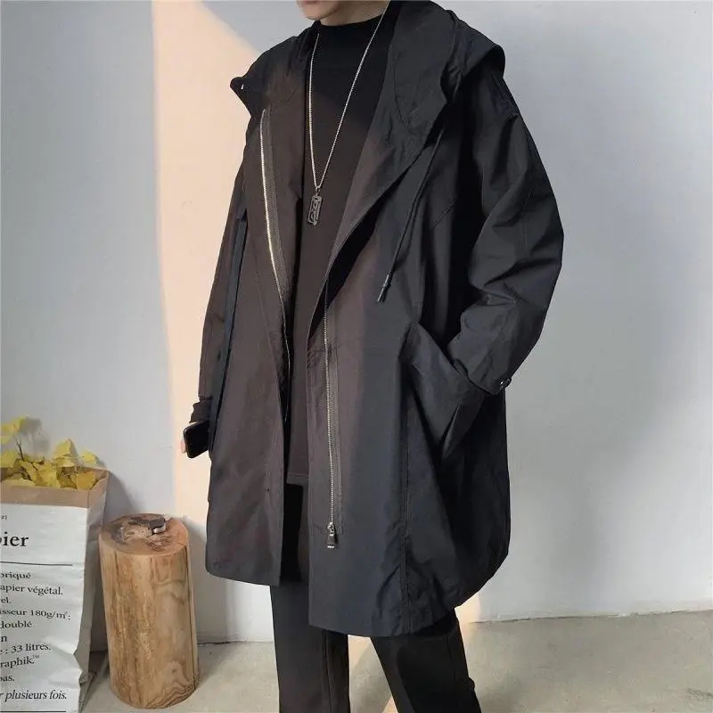 Spring and Autumn Stylish Hooded Trench Coat for Men, Korean Style ins British Jacket, Loose Fit, Student Mid-Length Coat, Trendy Spring and Autumn Stylish Hooded Trench Coat for Men, Korean Style ins British Jacket, Loose Fit, Student Mid-Length Coat, Trendy