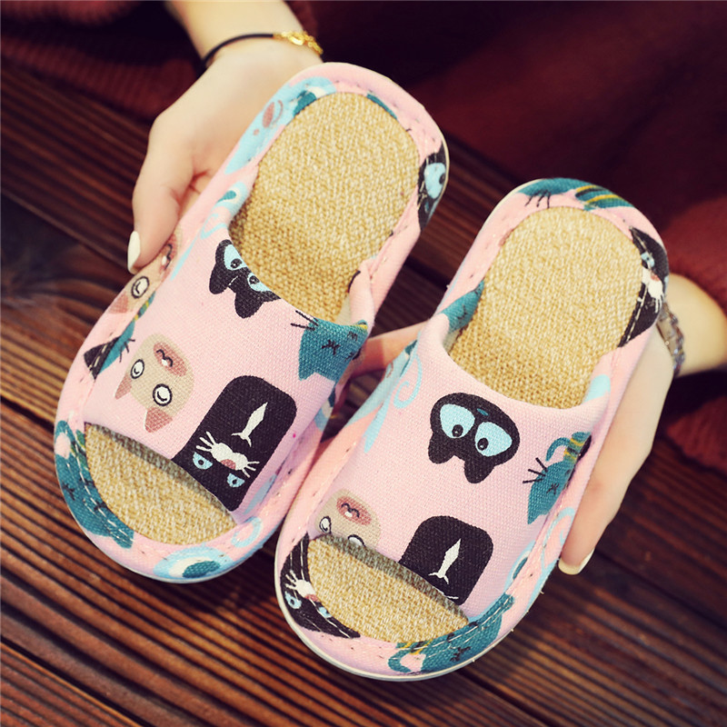 Children Cartoon Parenting Style Linen Fabric Linen Men and women Home Indoor Non-slip Silent Soft Bottom Four Seasons Summer Slippers-Taobao