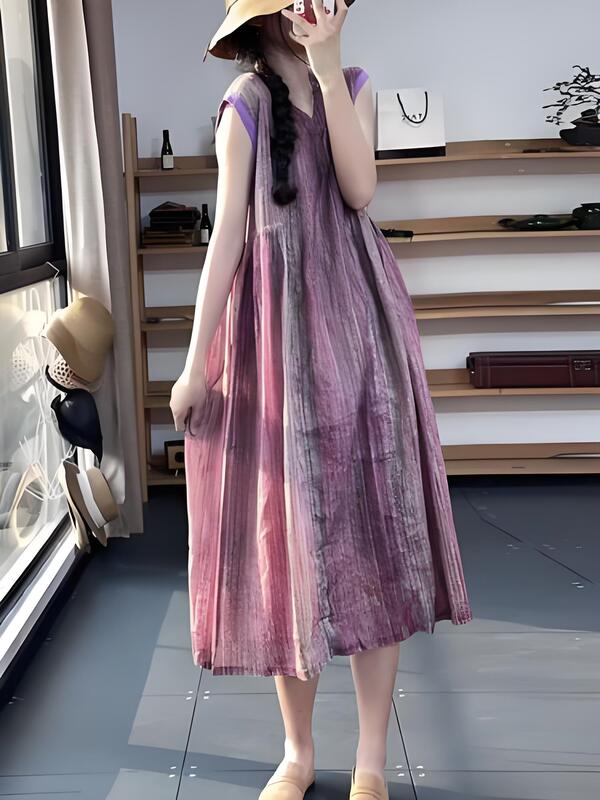 Retro Abstract Stripesd Print Sleeveless Vest Dress Plus Size Women's Fashion Round Neck High Waist Knee-Length Mid-Length Skirt