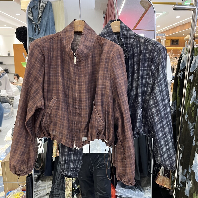 European Station 2026 Spring/Summer New Women's Stand Collar Padded Shoulder Plaid Color Block Tencel Linen Long Sleeve Sun Protection Short Jacket