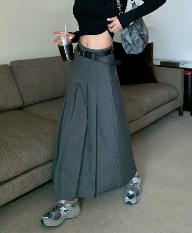 Belted Suit Pleated Skirt High-Waisted A-Line Skirt Spring New Long Skirt Half-Length Skirt Feminine Gray Skirt ins Belted Suit Pleated Skirt High-Waisted A-Line Skirt Spring New Long Skirt Half-Length Skirt Feminine Gray Skirt ins
