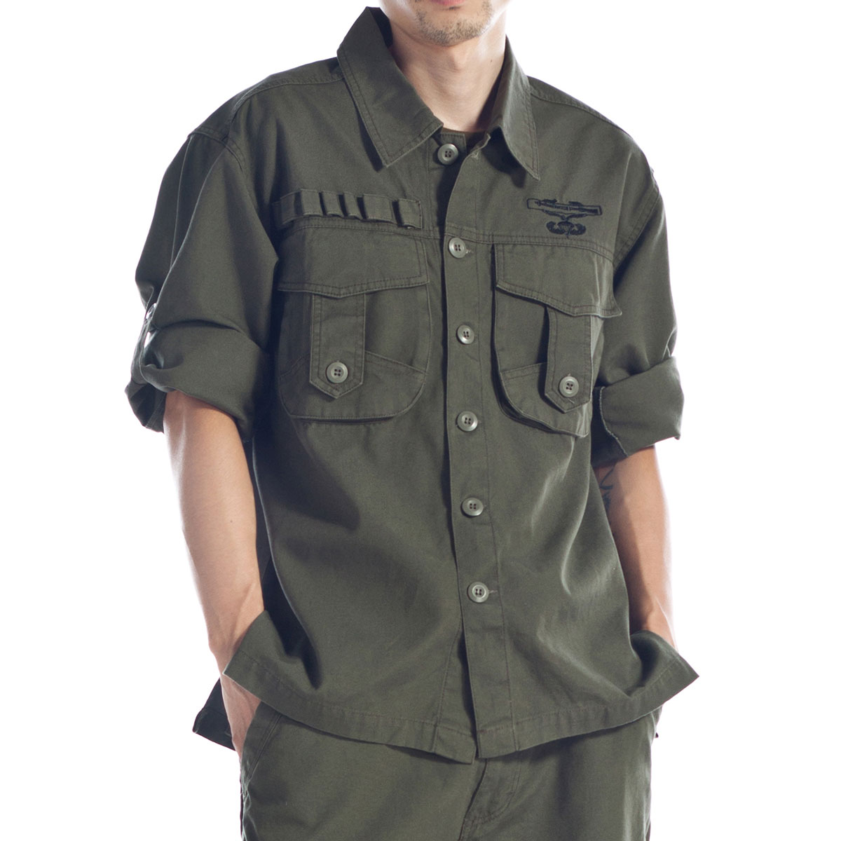 New Men's Spring and Autumn Two-wearing Long sleeves Army Shirts Outdoor Casual Pure Cotton Long Sleeve Shirt Army Green 9025