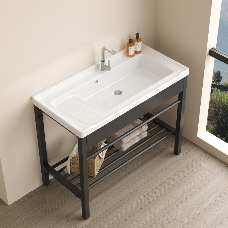 Stainless Steel Stand, Ceramic Laundry Basin, Ultra-Deep Sink for Balcony, Washbasin for Bathroom, Countertop Basin, Wash Sink with Washboard
