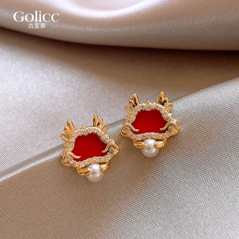 Red Ben Dragon Year Pearl Earrings New 2023 Exploits Advanced Senses Autumn Winter Earrings Unique Temperament Earrings Woman-Taobao