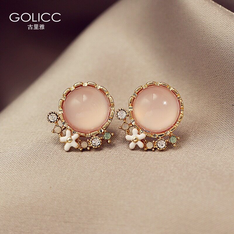Pink cat eye earrings female Korean net red temperament small ear earrings 2021 new fashion earrings earrings 925 silver needle