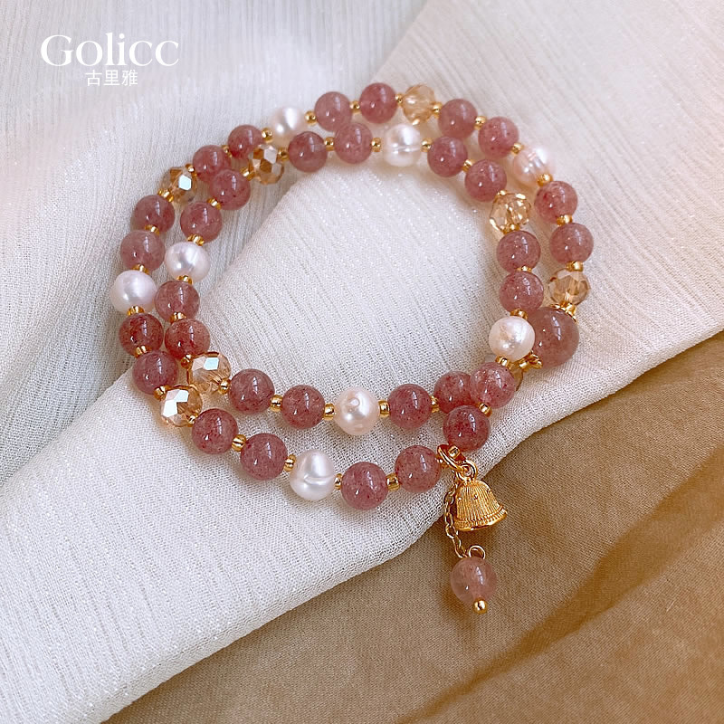 Double-Layered Natural Pearl Strawberry Crystal Bracelet for Women, 2026 New Model, Bell Beaded Fortune Pink Crystal Bracelet