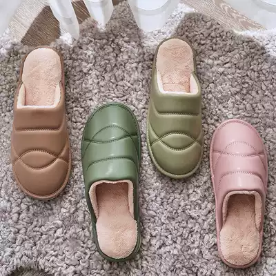 Yuangang PU leather waterproof men and women couples autumn and winter home indoor warm non-slip thick bottom warm cotton slippers simple