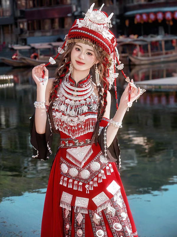 Miao Ethnic Clothing for Women, Hui Ethnic Performance Costume, Red Fragrant Shoulder Ribbon Long Dress, Guangxi and Western Hunan Photography