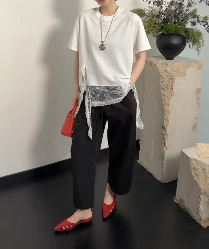 European Station 2026 Summer New Fashion Versatile Irregular Hem Lace Top Lace Ruffle Patchwork T-Shirt