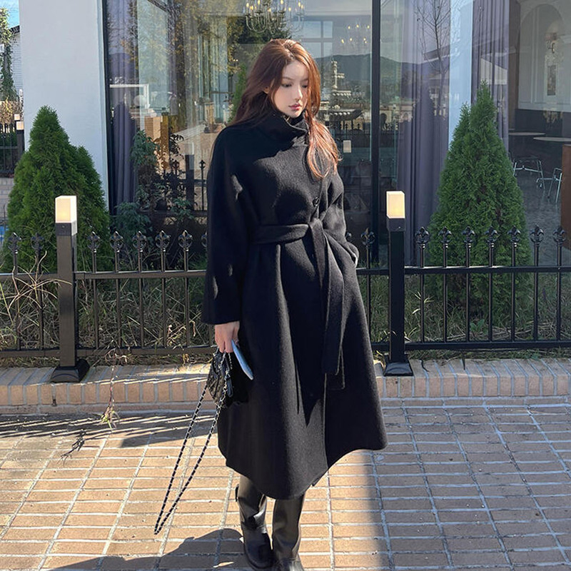Black Wool Double-Sided Cashmere Coat for Women 2025 Autumn and Winter Lace-Up Woolen Coat Korean Style Slimming Woolen Coat