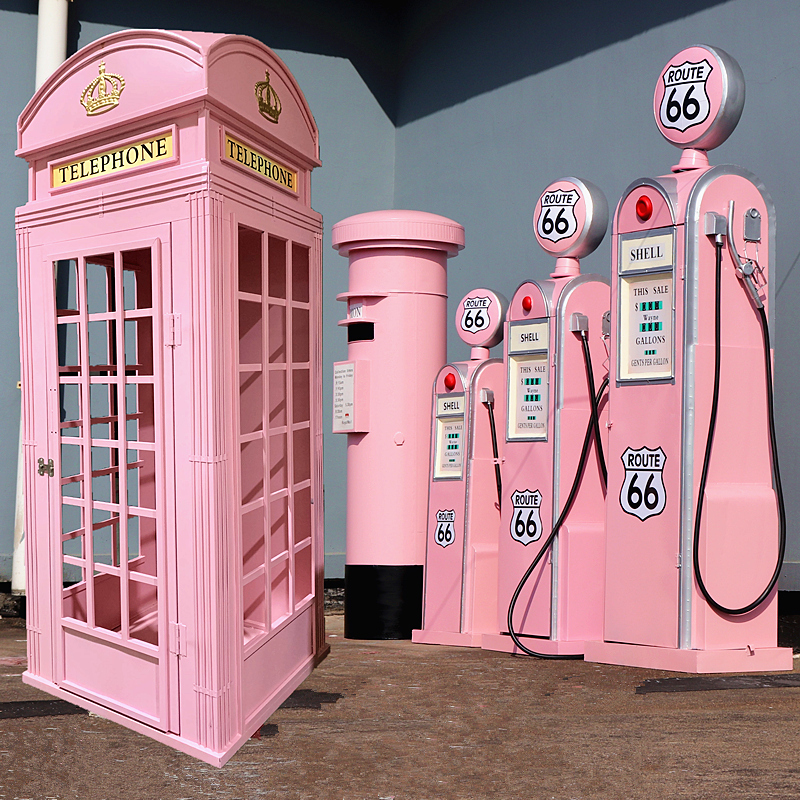 Retro British Telephone Booth and Mailbox Pink Set, Iron Art Street Sign, Popular Shop Decoration Props