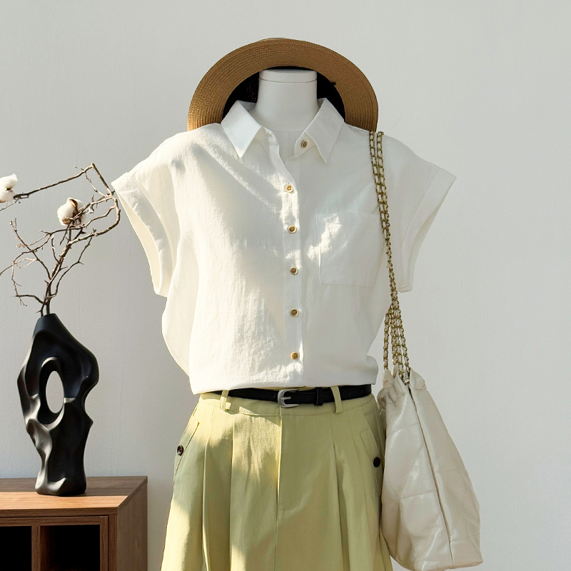 Japanese Style White Pure Cotton Short-Sleeved Shirt for Women, Summer 2025 New Model, Petite Sleeveless White Shirt with Flutter Sleeves Top