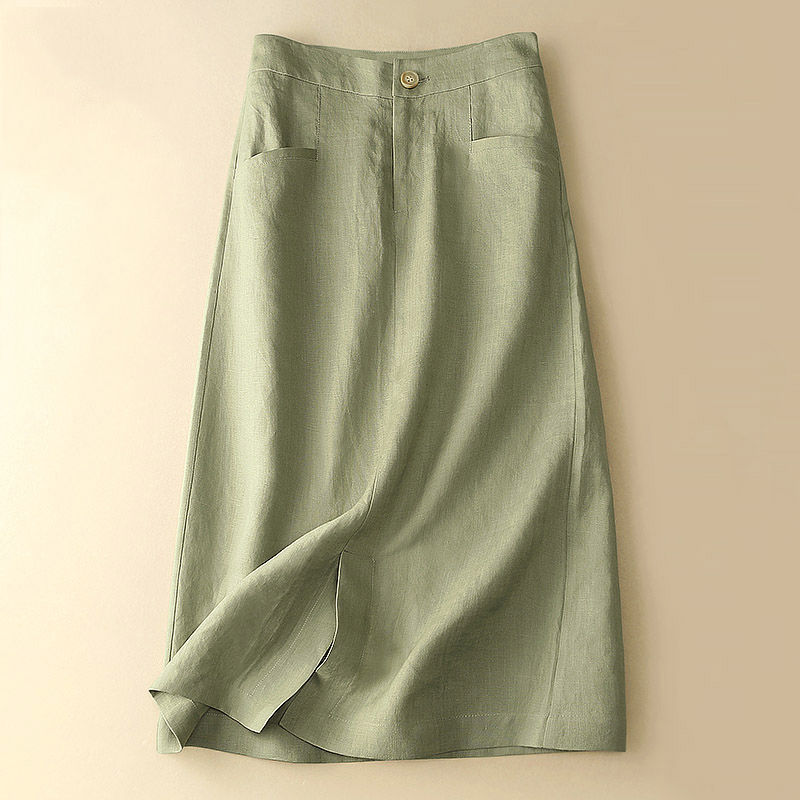 100% Linen Skirt 2026 Summer New Mid-Length High-Waisted Slimming A-Line Skirt Artistic Retro Cotton-Linen Skirt