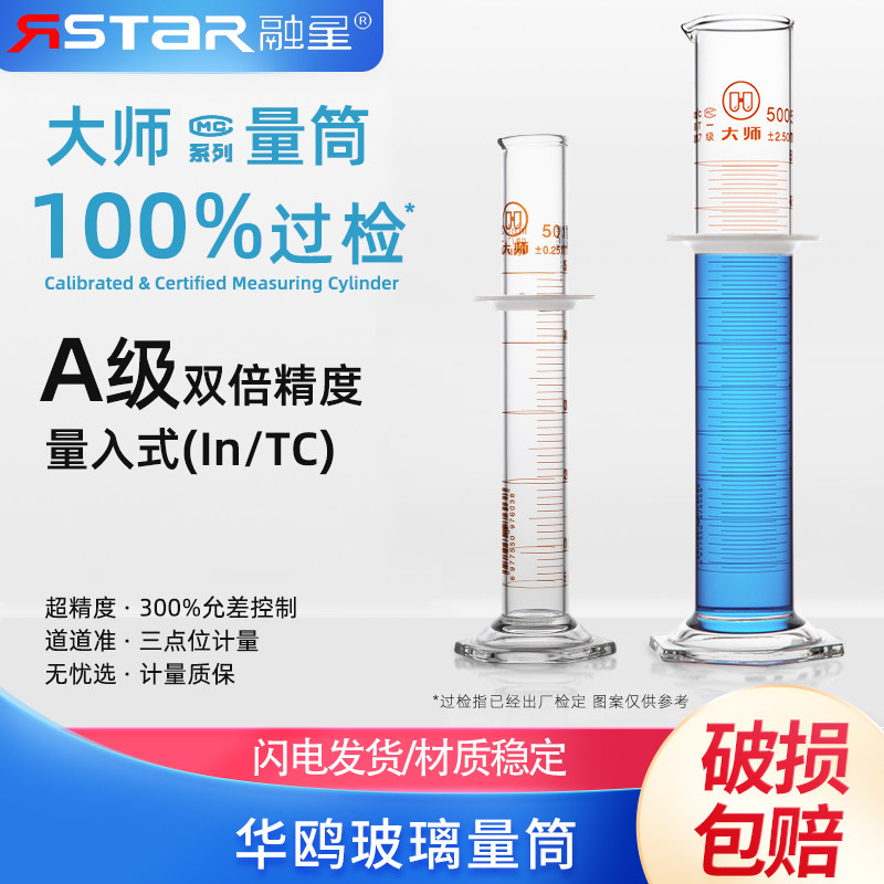 华鸥量筒大师系列量入式In100%过检高硼硅玻璃A级双倍高精度过检高端实验用品带刻度5/50/100/250/500/1000ml