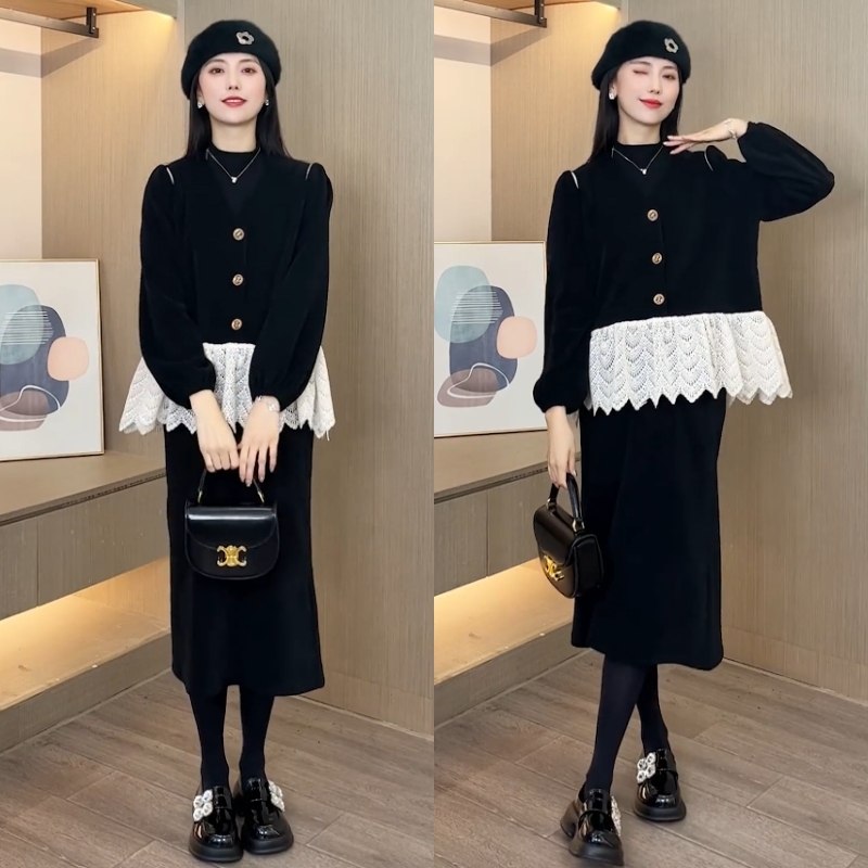 Pregnant woman autumn and winter suit with small fragrant wind splicing lace blouses spring clothes spring and autumn style Tobelly and half body dress 2023 new women-Taobao