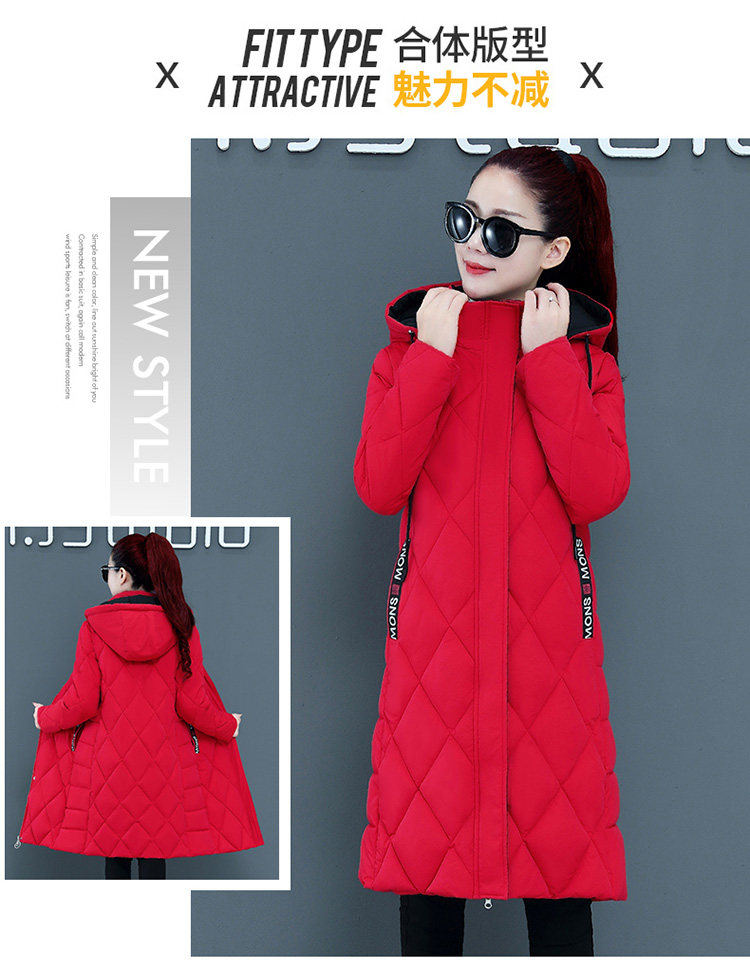 新款撞色棉衣女过膝中长款加厚修身显瘦菱形格大码外套冬详情3