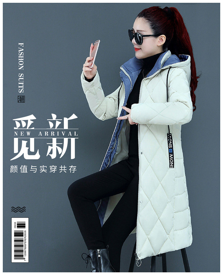 新款撞色棉衣女过膝中长款加厚修身显瘦菱形格大码外套冬详情1