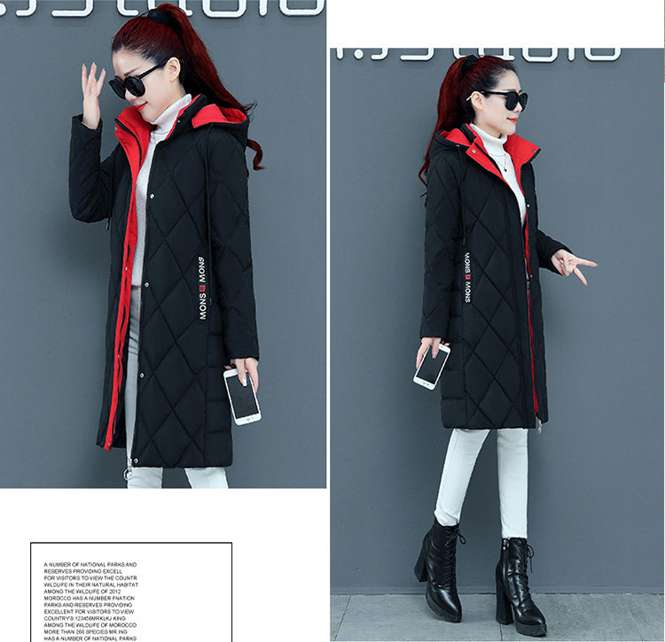 新款撞色棉衣女过膝中长款加厚修身显瘦菱形格大码外套冬详情19