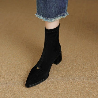 2025 New Autumn and Winter Thick Heel Boots Stretch Suede Slim Boots Large Size Women's Boots 41 Medium Heel 43 Pointed Toe Short Boots for Women