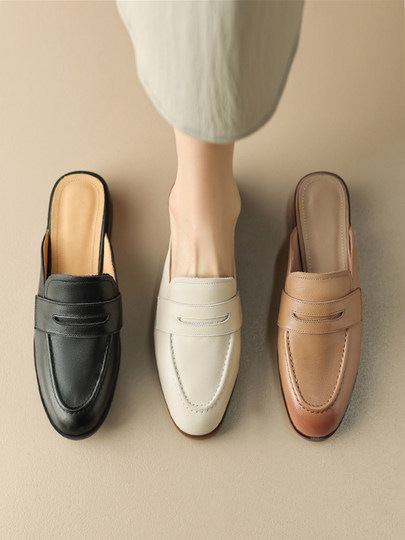 Women's Summer Slippers for Outdoor Wear 2025 New Style Genuine Leather Chunky Heel Mules Low Heel Lazy Leather Slippers Closed-Toe Half Slippers