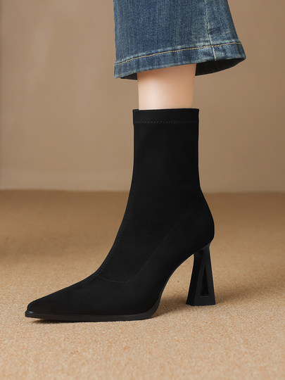 2025 New Style Super Stylish Sock Boots, Elastic Boots, Suede Slim Boots, Pointed Toe High Heels, High Heel Ankle Boots for Women